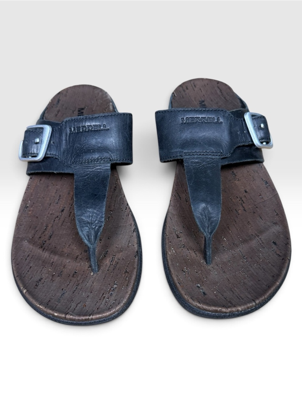 Merrell Women’s Black Leather Thong Sandals Cork Footbed Size 6